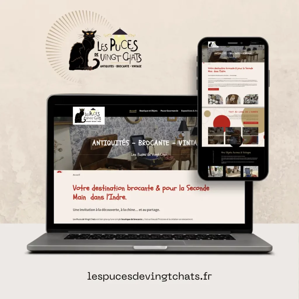 Mockup de site Web Les Puces de Vingt Chats réalisé par Nexphasis informatique