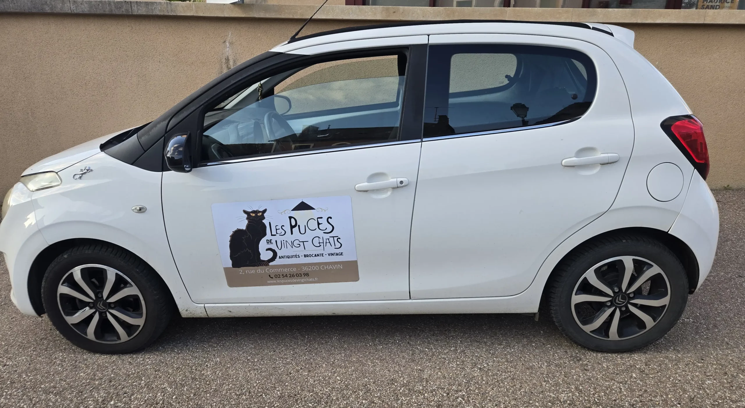 Plaque aimantée de véhicule réalisée par Nexphasis informatique pour Les Puces de Vingt Chats