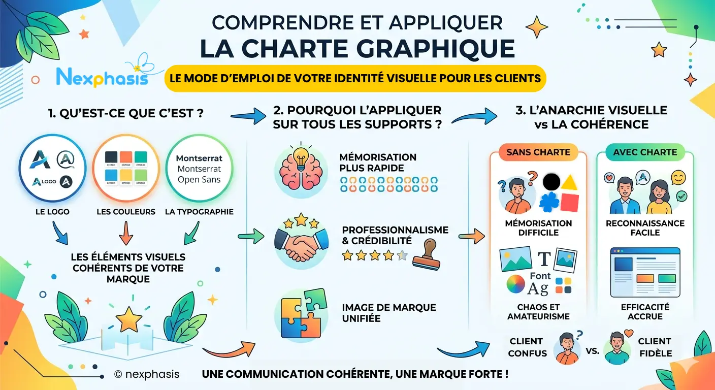 Infographie pédagogique de Nexphasis expliquant comment comprendre et appliquer une charte graphique : définition, importance de la cohérence visuelle, choix des typographies et psychologie des couleurs