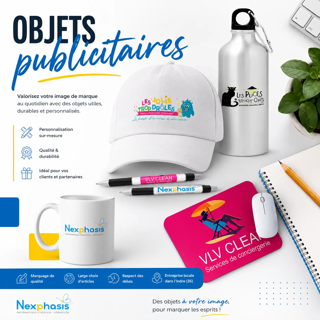 Sélection de goodies et objets publicitaires personnalisés par Nexphasis : casquette, gourde en inox, stylos, mug et tapis de souris colorés aux logos d'entreprises locales de l'Indre.