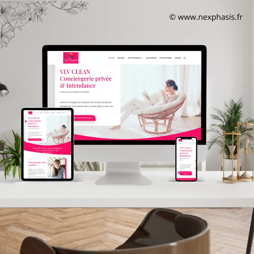 Mockup du site web VLV Clean créé par Nexphasis : design responsive sur ordinateur, tablette et smartphone.