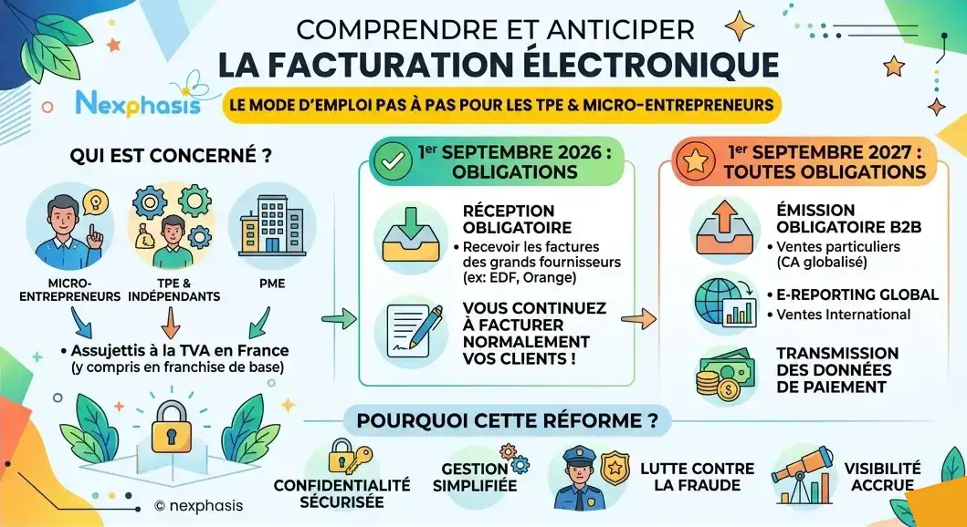 Infographie sur la réforme de la facturation électronique pour les TPE, PME et micro entreprise.